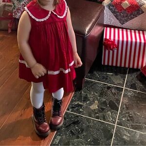 Vintage Red Kids Dress with White Lace Trim